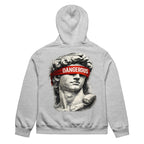 Athletic heather oversized hoodie back view with classical statue head graphic and red “DANGEROUS” streetwear print