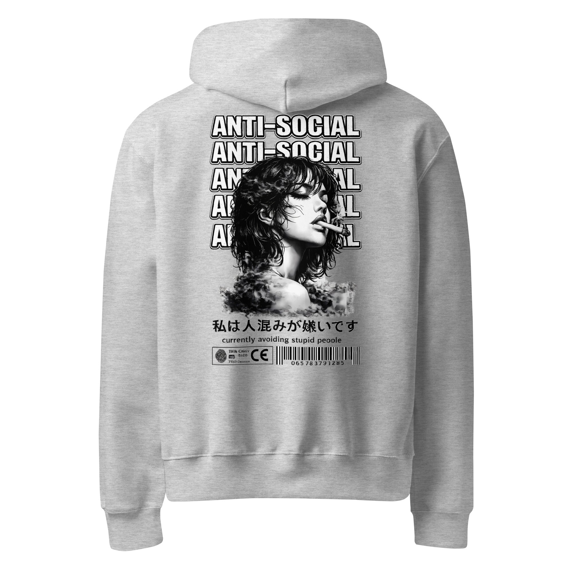 Oversized streetwear hoodie in athletic heather with anti social graphic portrait print and typography design, back view
