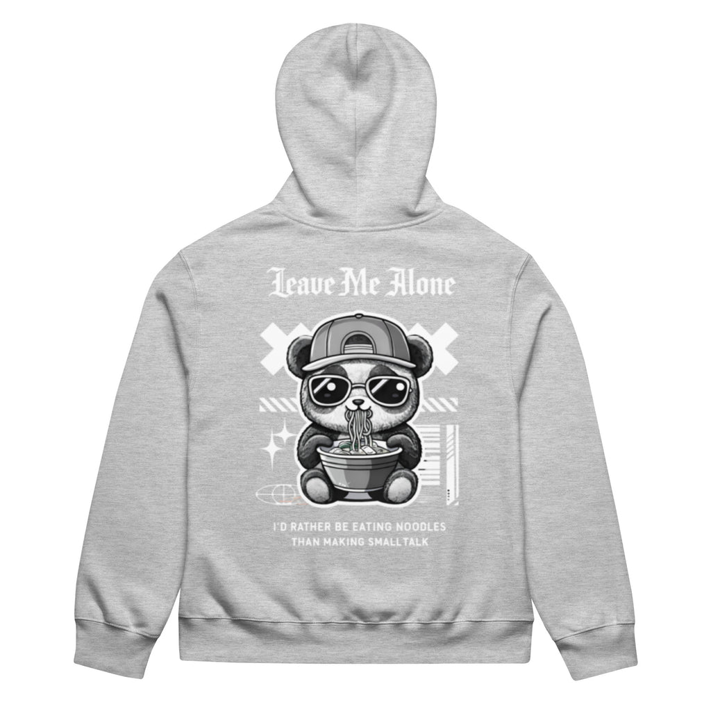 Athletic heather oversized streetwear hoodie with panda eating noodles graphic and “Leave Me Alone – I’d rather be eating noodles than making small talk” back print, unisex casual sweatshirt