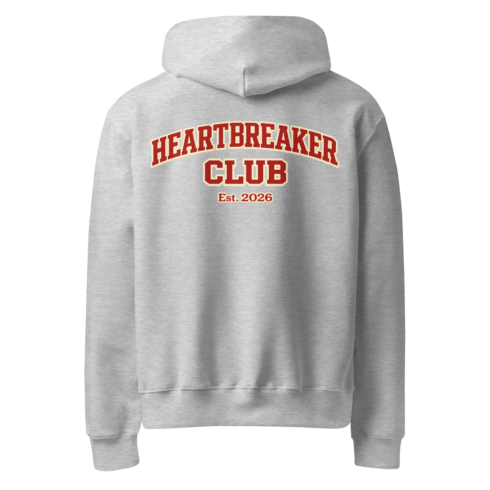 Athletic heather hoodie featuring large Heartbreaker Club 14 varsity graphic with “Est. 2026” on back.