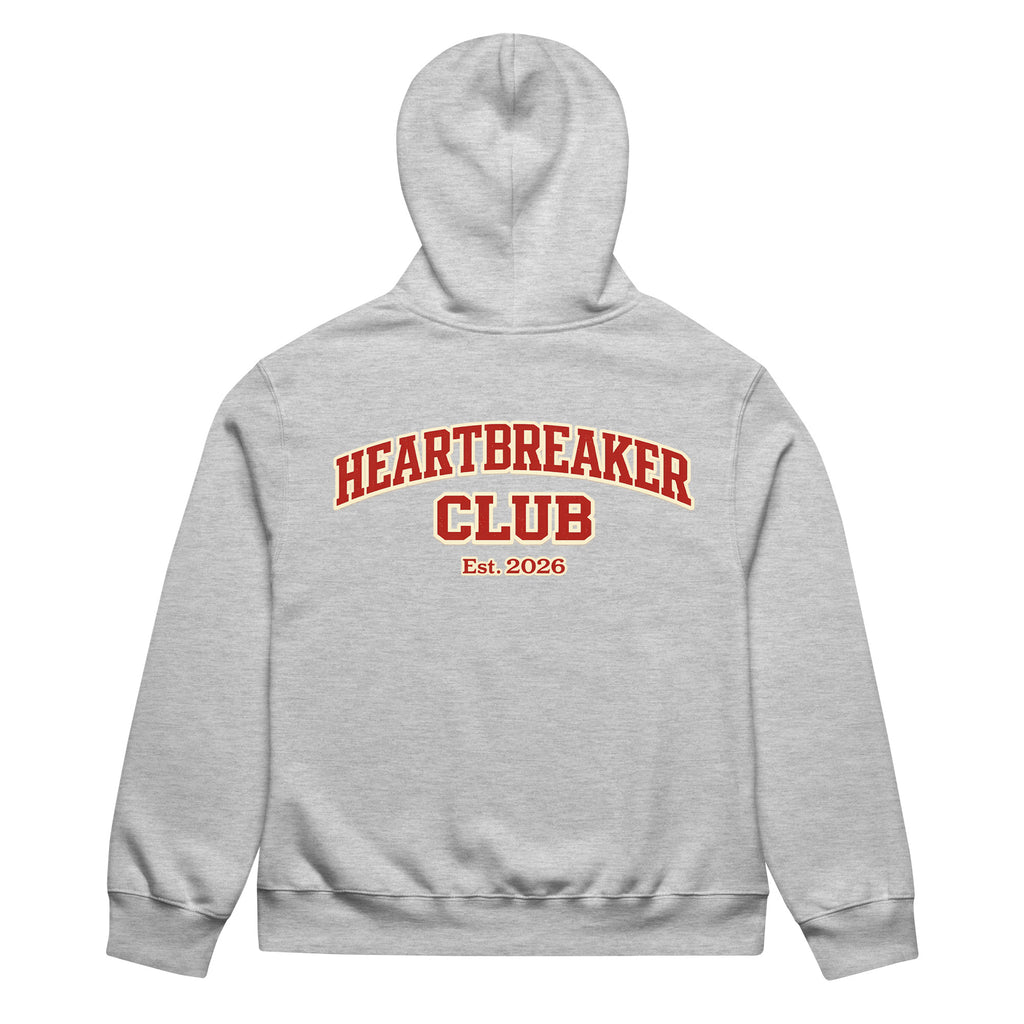 Athletic heather hoodie featuring large Heartbreaker Club 14 varsity graphic with “Est. 2026” on back. 
