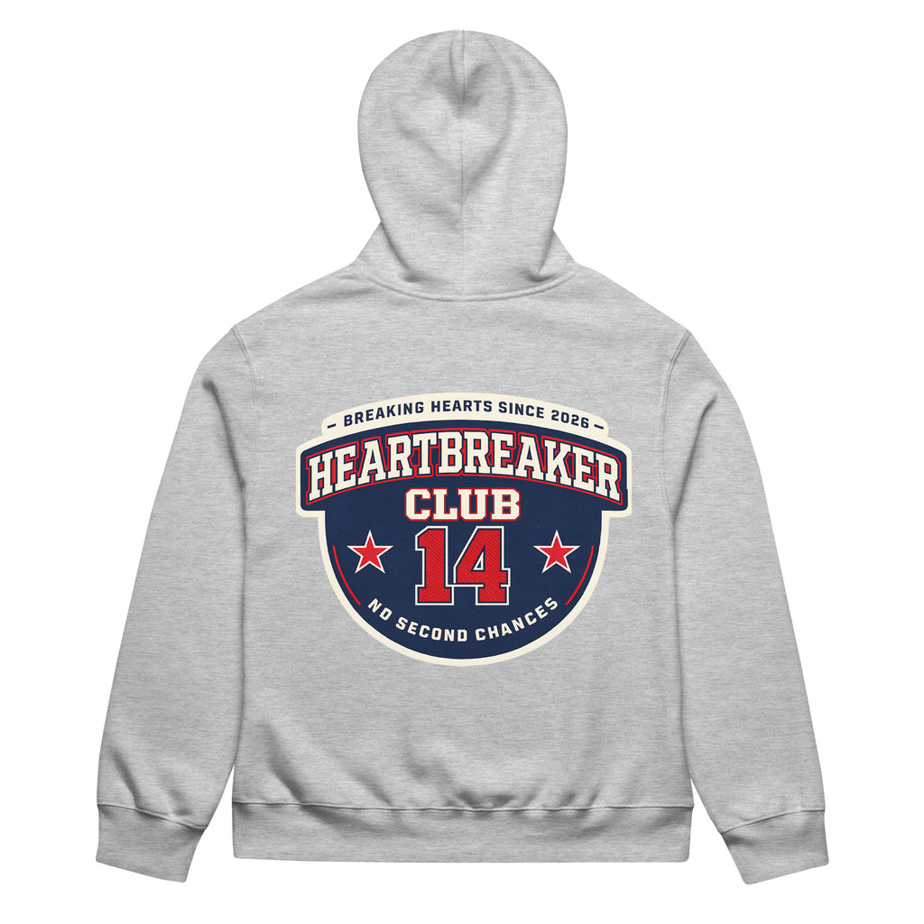 Athletic heather hoodie back view featuring large “Heartbreaker Club 14” varsity emblem with red stars and text “Breaking Hearts Since 2026 – No Second Chances”