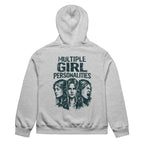 Light grey women’s oversized hoodie with “Multiple Girl Personalities” back graphic featuring illustrated female faces, streetwear fashion sweatshirt product image.