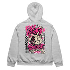 back view oversized grey graphic streetwear hoodie pink graffiti skull design urban streetwear clothing
