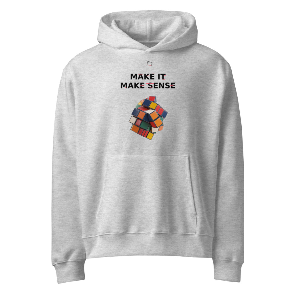 Oversized grey streetwear hoodie with make it make sense typography and colorful distorted cube graphic, front view