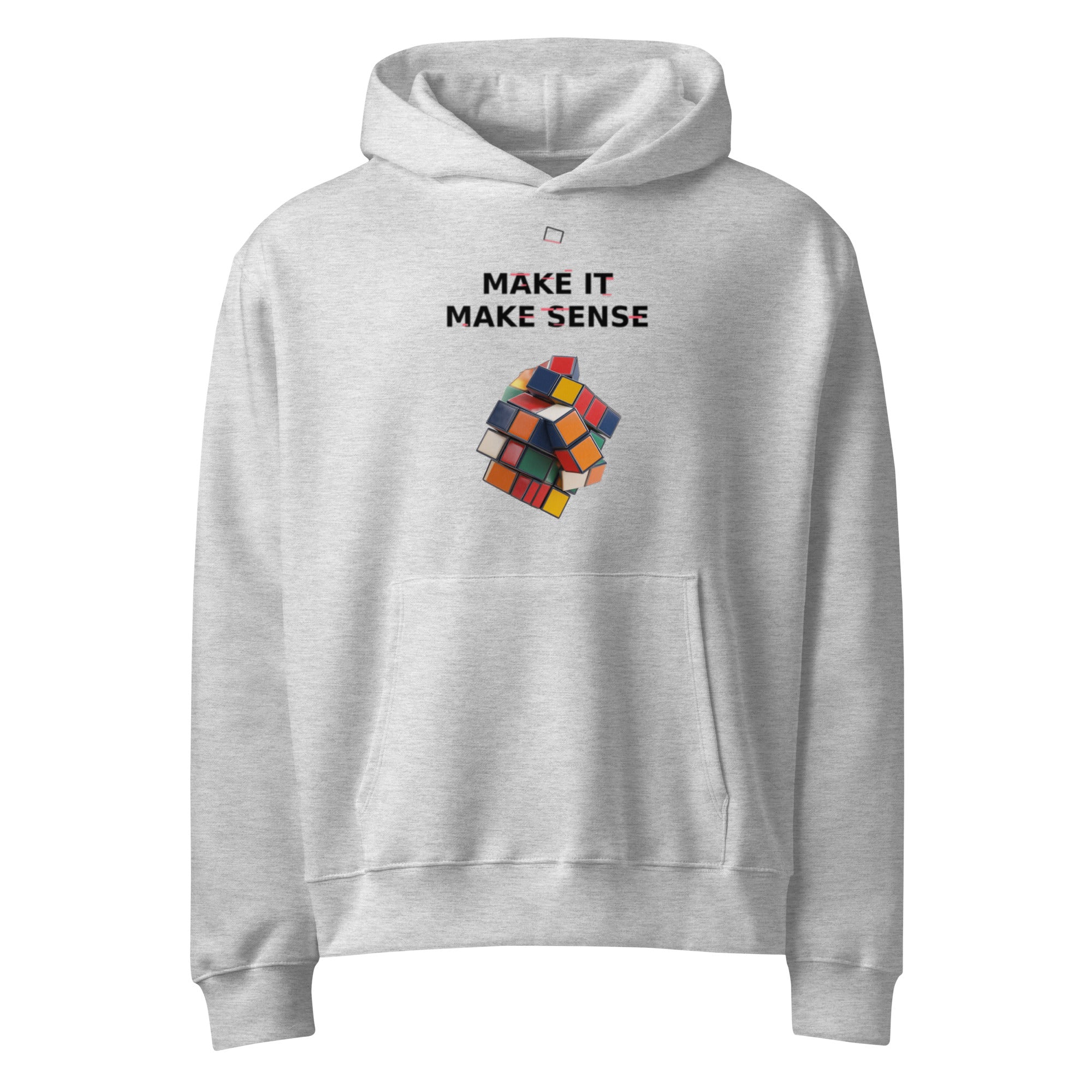 Oversized grey streetwear hoodie with make it make sense typography and colorful distorted cube graphic, front view