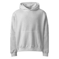 Athletic heather unisex oversized streetwear hoodie front view with minimalist design and printed sleeves.