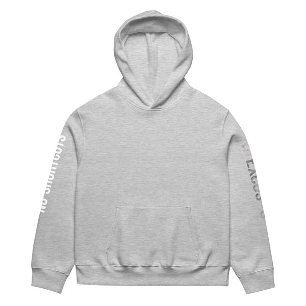 Athletic heather unisex oversized streetwear hoodie front view with minimalist design and printed sleeves.