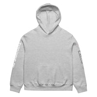 Athletic heather unisex oversized streetwear hoodie front view with minimalist design and printed sleeves.