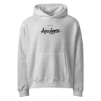 Light grey Noiré hoodie with small “Apocalypse” chest graphic, front view, modern streetwear sweatshirt mockup.