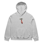 Athletic heather oversized hoodie front view with small vertical red chest logo detail