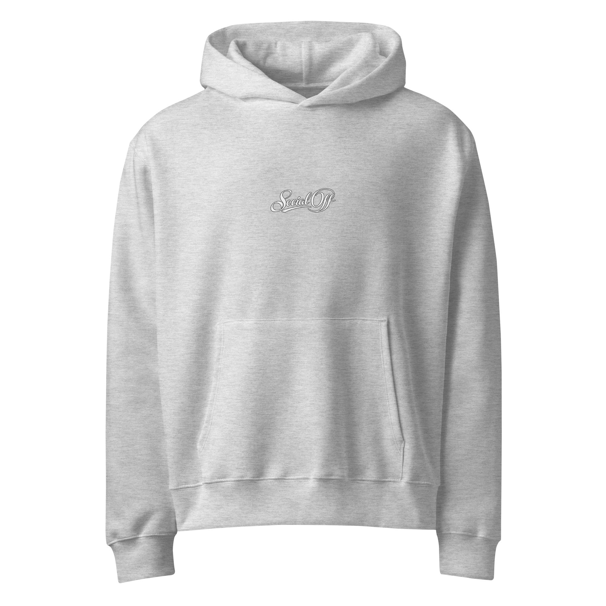 Oversized streetwear hoodie in athletic heather with minimal Social Off chest logo, front view