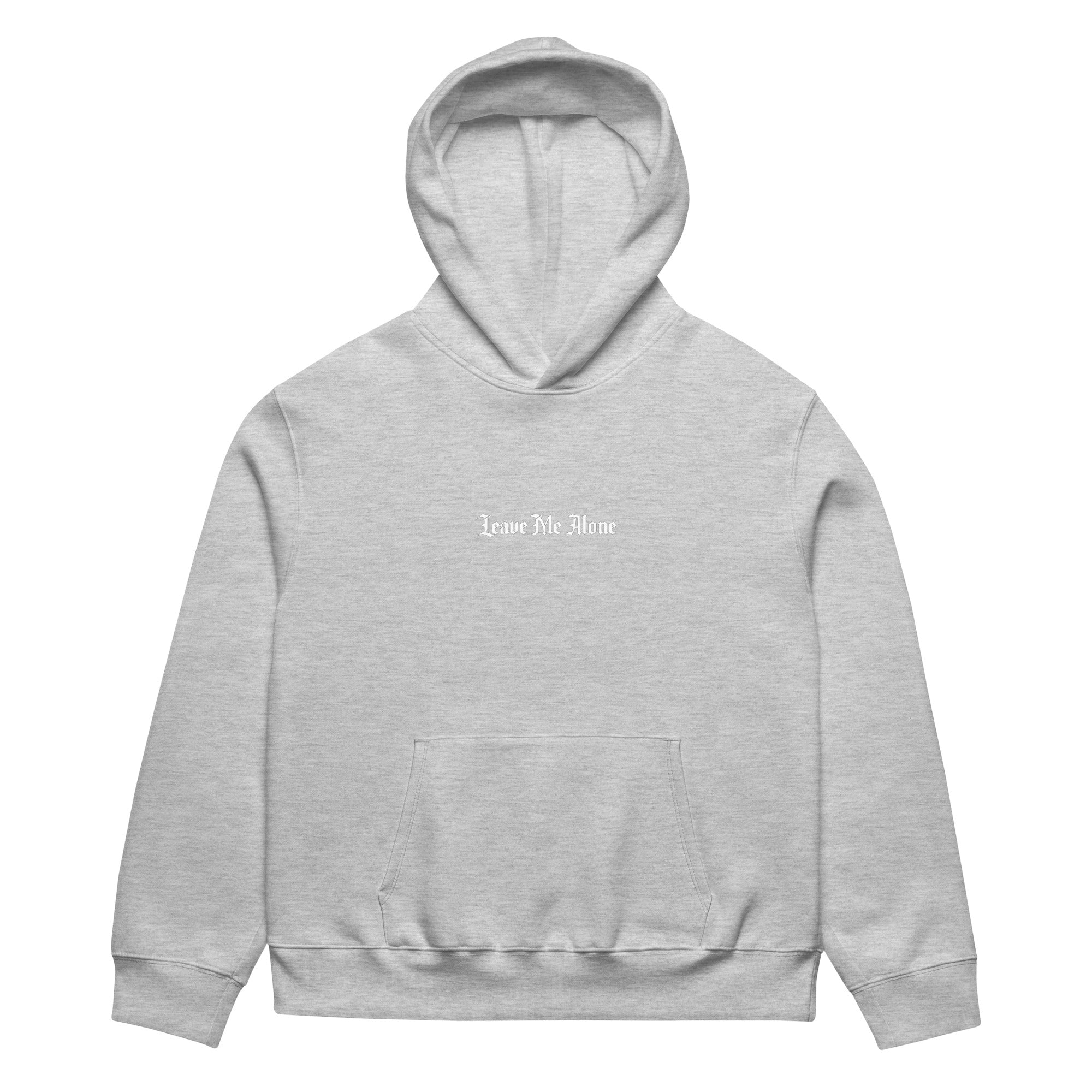 Front view of athletic heather oversized streetwear hoodie with small “Leave Me Alone” chest text print, minimalist unisex casual sweatshirt 