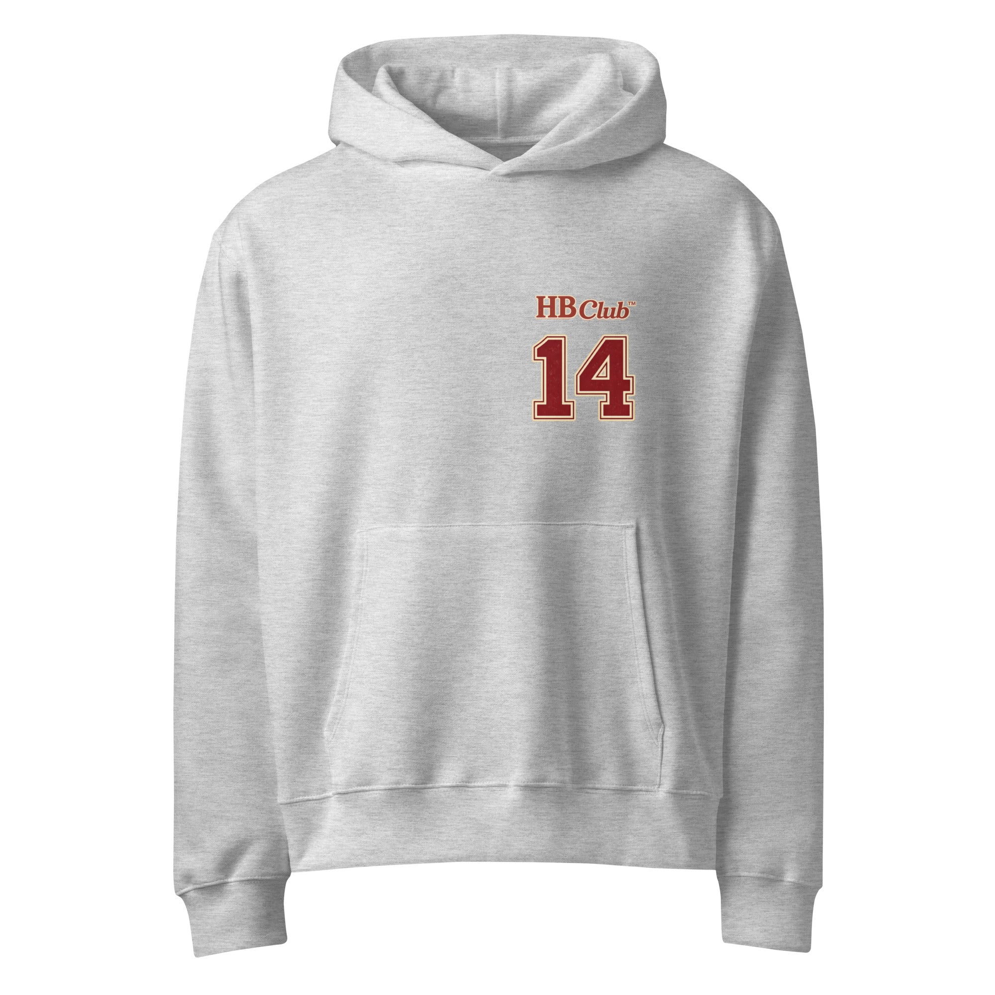 Athletic heather Heartbreaker Club 14 hoodie with small HB Club 14 varsity print on front chest.