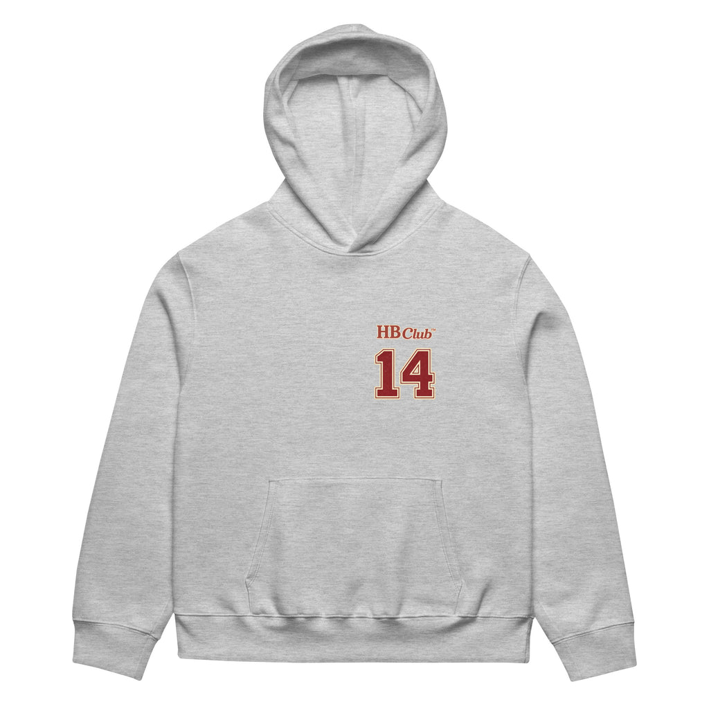 Athletic heather Heartbreaker Club 14 hoodie with small HB Club 14 varsity print on front chest.