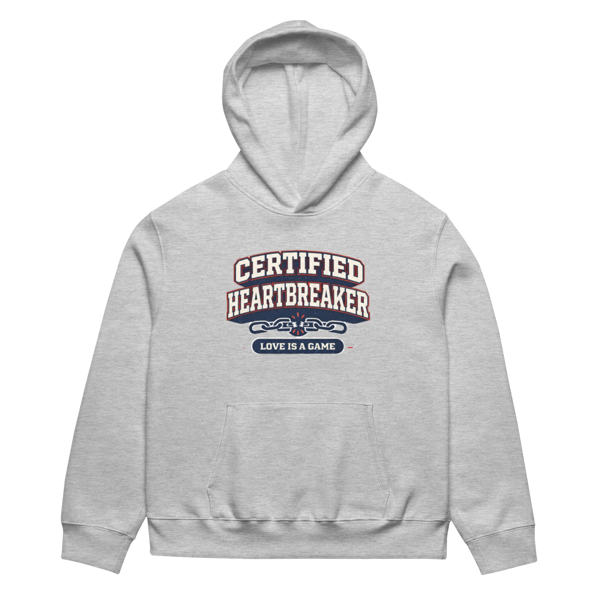 Athletic heather hoodie front view with “Certified Heartbreaker” varsity-style graphic and “Love Is a Game” slogan in red and navy collegiate typography.