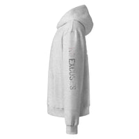 Athletic heather unisex oversized streetwear hoodie side view with “No Excuses” sleeve print.