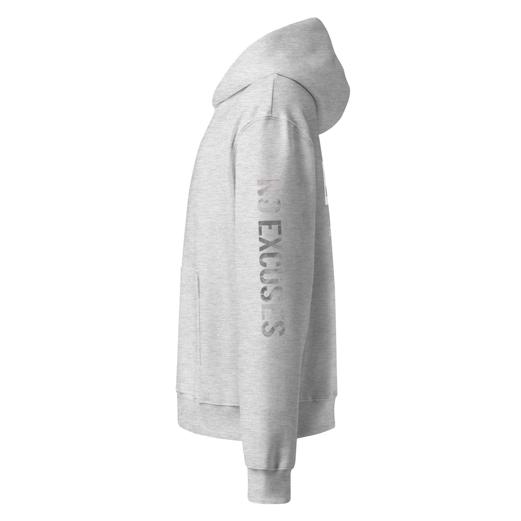 Athletic heather hoodie with vertical sleeve print detail, side profile – modern urban hoodie by Noiré.