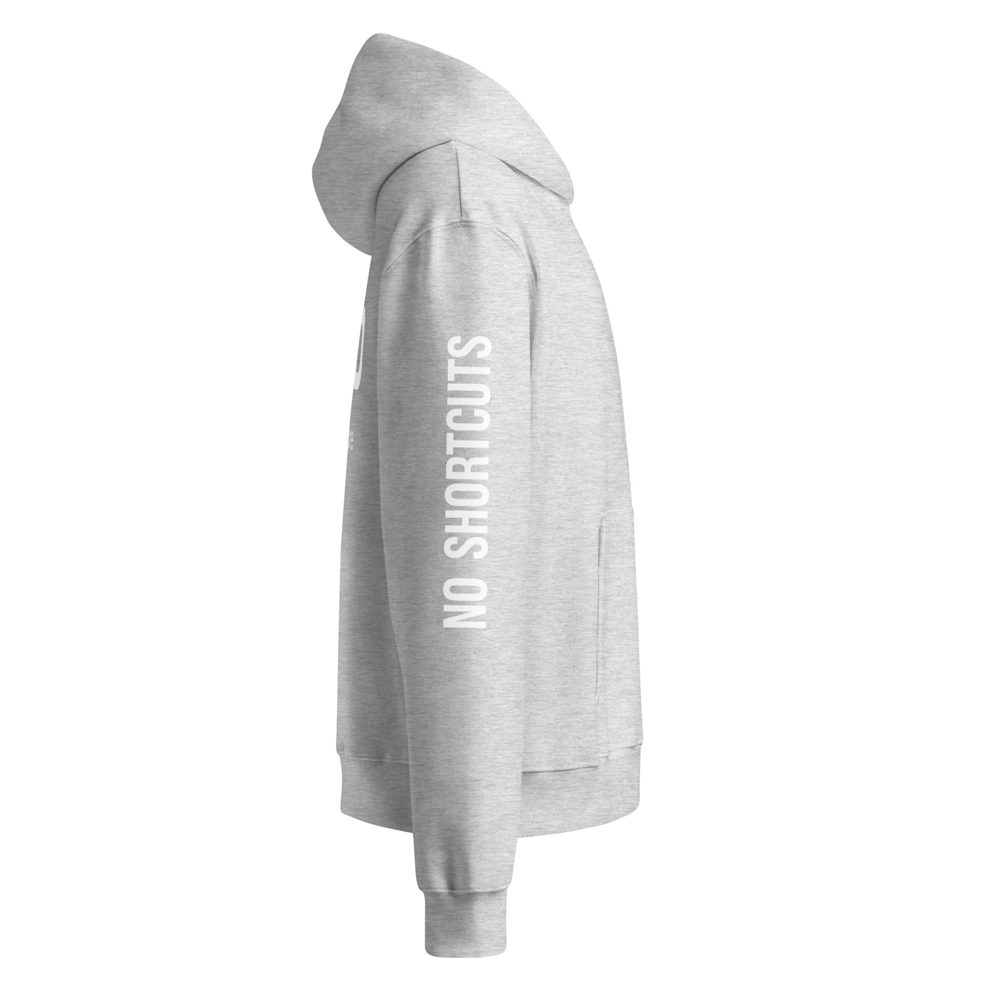 Athletic heather hoodie with vertical sleeve print detail, side profile – modern urban hoodie by Noiré.