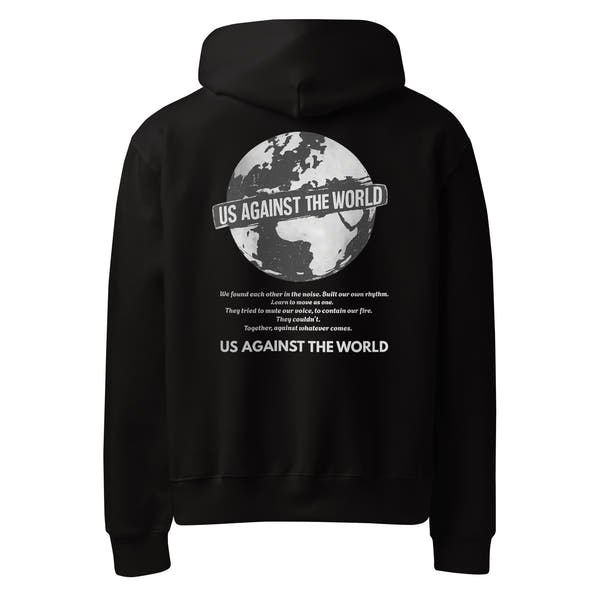 Black streetwear hoodie back view with globe illustration and “Us Against the World” slogan