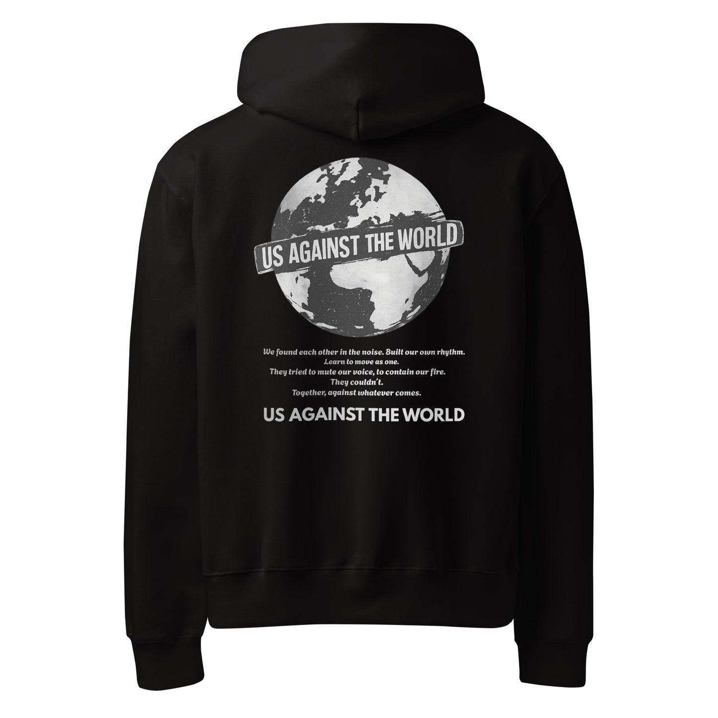 Black streetwear hoodie back view with globe illustration and “Us Against the World” slogan