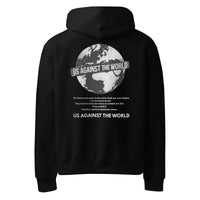 Black streetwear hoodie back view with globe illustration and “Us Against the World” slogan