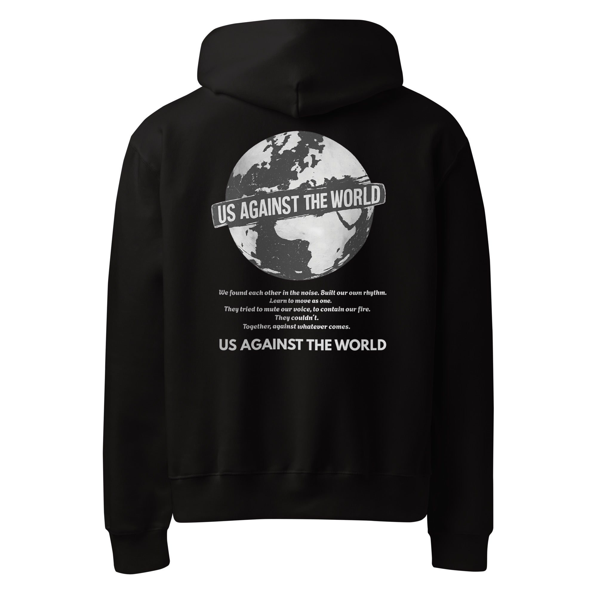 Black streetwear hoodie back view with globe illustration and “Us Against the World” slogan