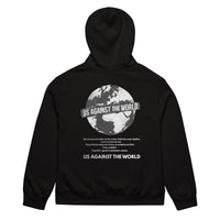 Black unisex hoodie with “Us Against the World” globe graphic print on the back, urban streetwear sweatshirt