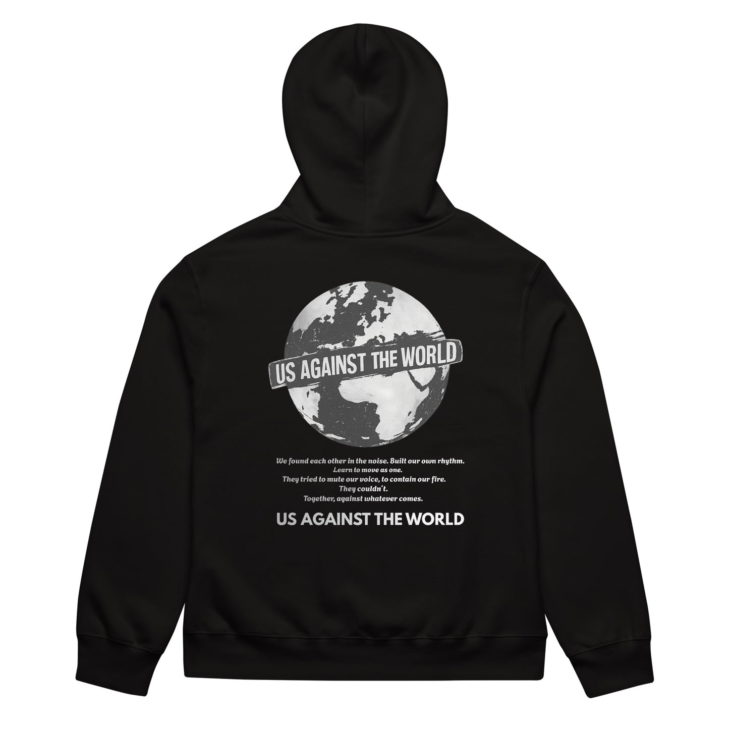 Black unisex hoodie with “Us Against the World” globe graphic print on the back, urban streetwear sweatshirt
