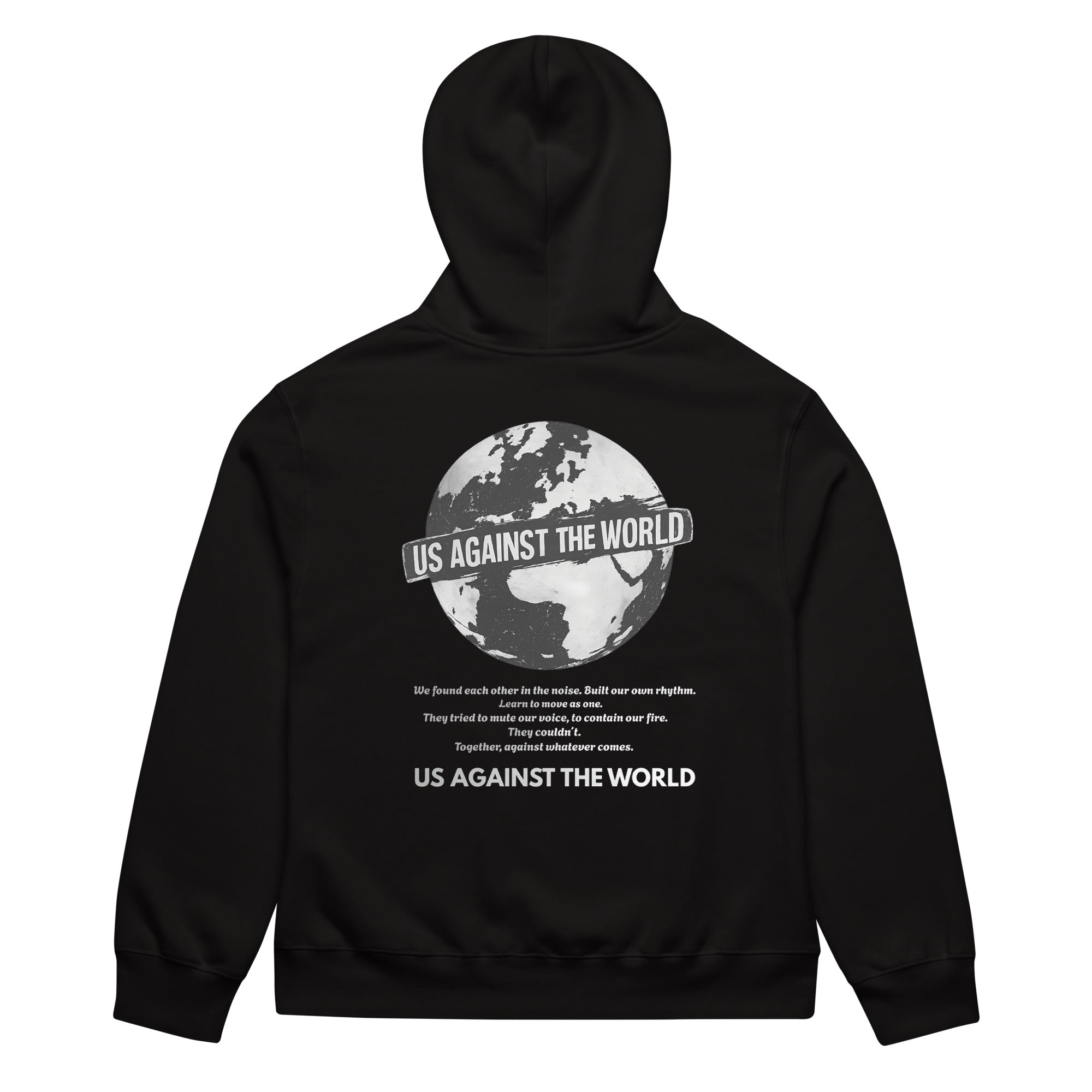 Black unisex hoodie with “Us Against the World” globe graphic print on the back, urban streetwear sweatshirt
