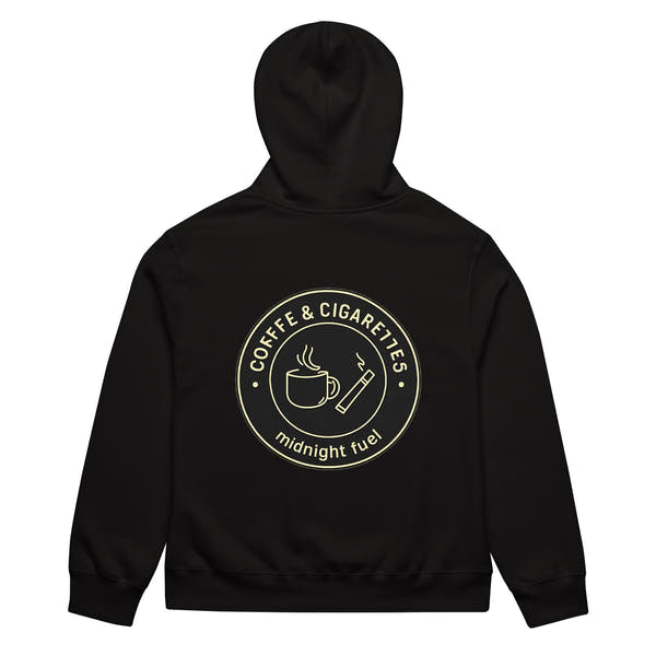 unisex streetwear hoodie back view with “Coffee & Cigarettes Midnight Club” circular graphic print

