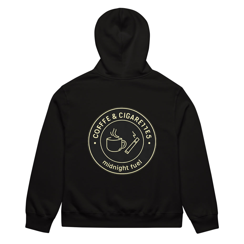 unisex streetwear hoodie back view with “Coffee & Cigarettes Midnight Club” circular graphic print
