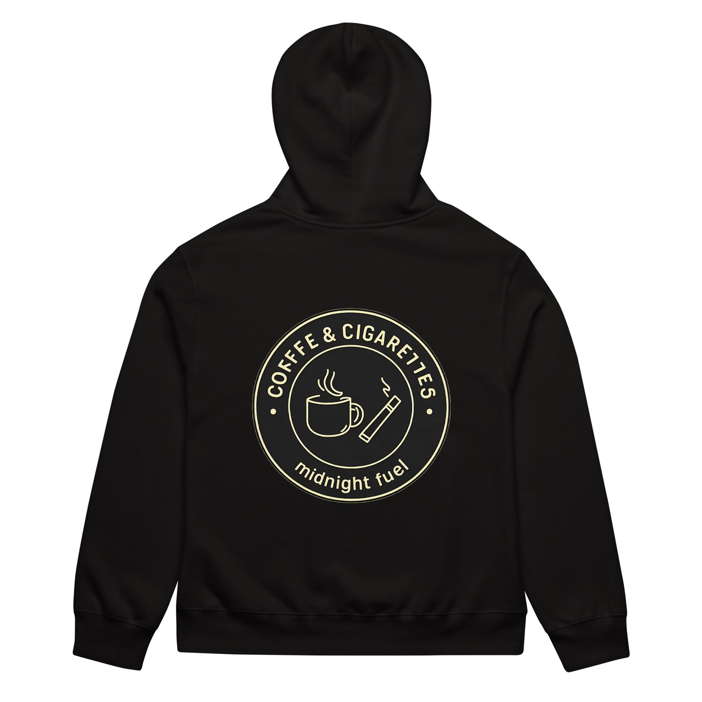 unisex streetwear hoodie back view with “Coffee & Cigarettes Midnight Club” circular graphic print
