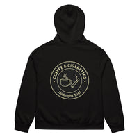 unisex streetwear hoodie back view with “Coffee & Cigarettes Midnight Club” circular graphic print
