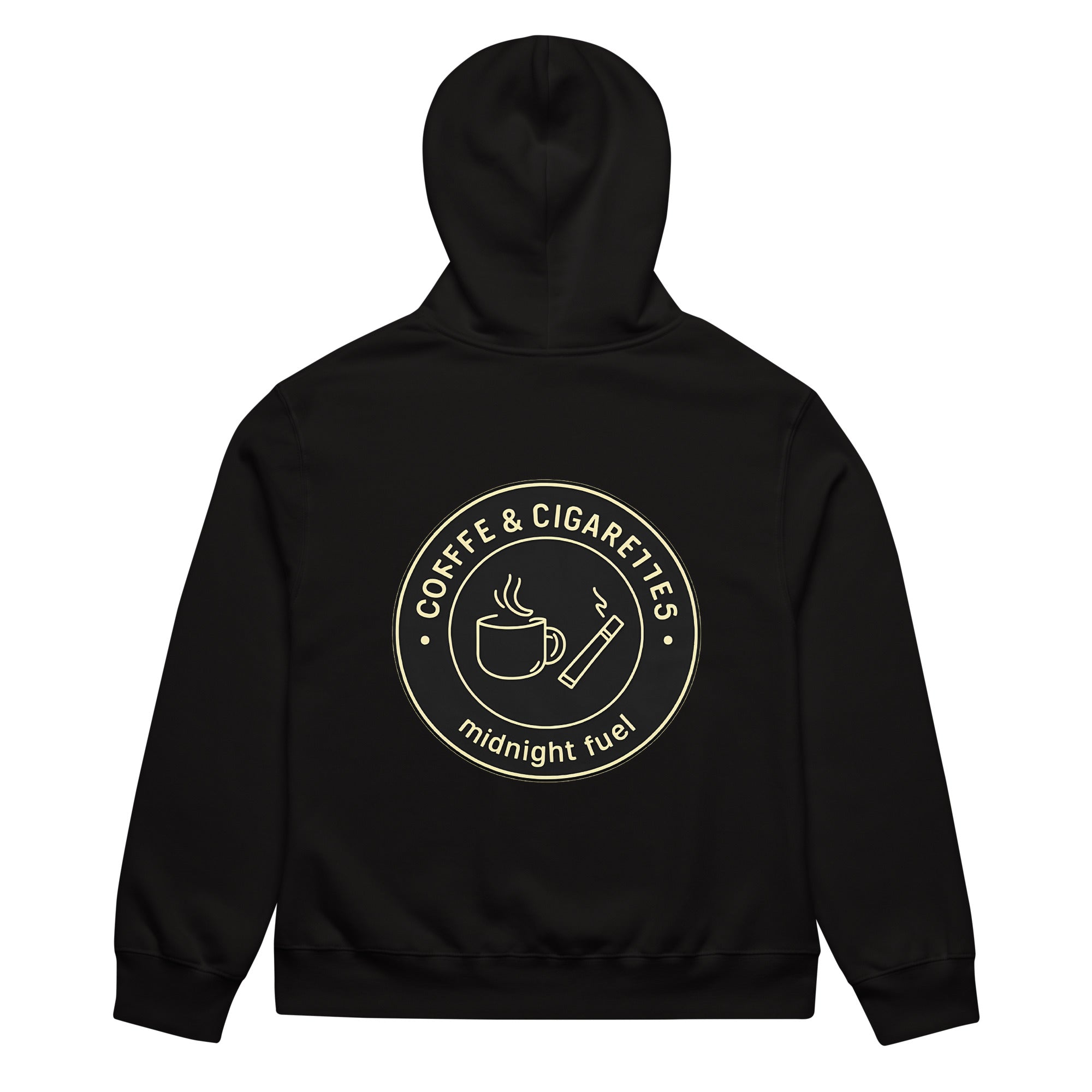 unisex streetwear hoodie back view with “Coffee & Cigarettes Midnight Club” circular graphic print
