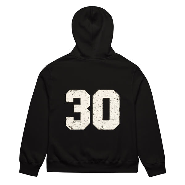 unisex streetwear hoodie back view with varsity number 30 print
