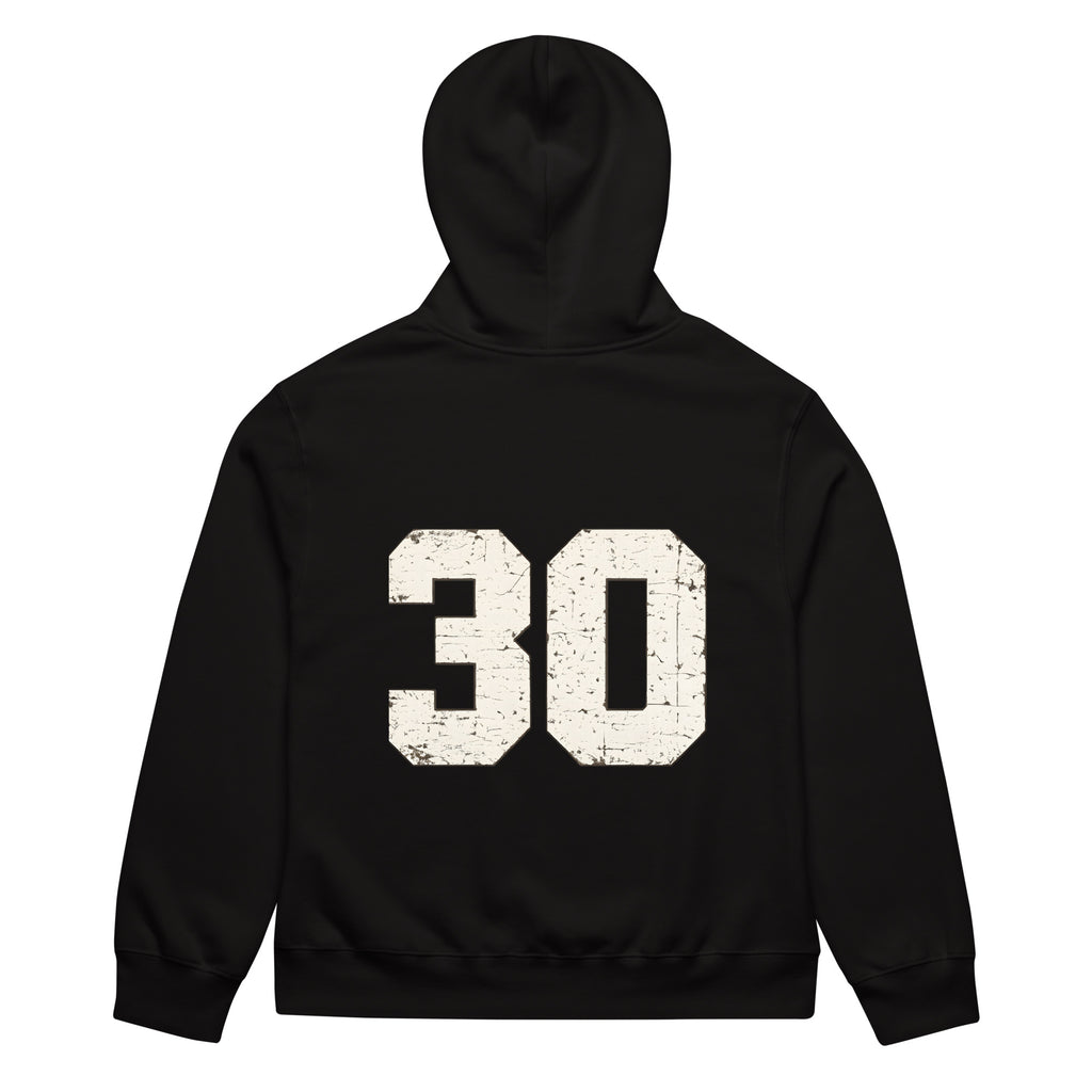 unisex streetwear hoodie back view with varsity number 30 print

