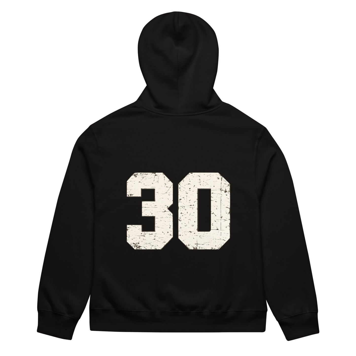unisex streetwear hoodie back view with varsity number 30 print
