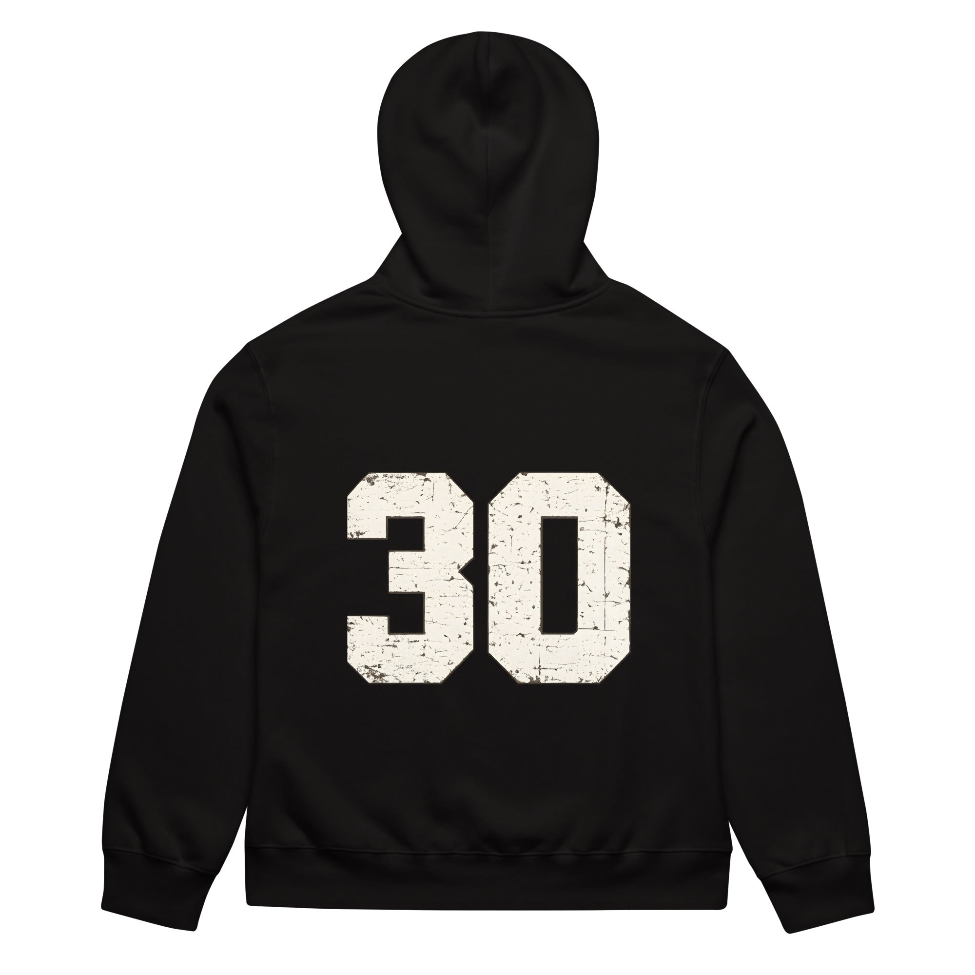unisex streetwear hoodie back view with varsity number 30 print
