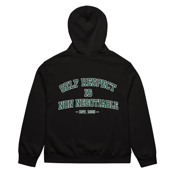 unisex streetwear hoodie back view with self respect is non negotiable quote print
