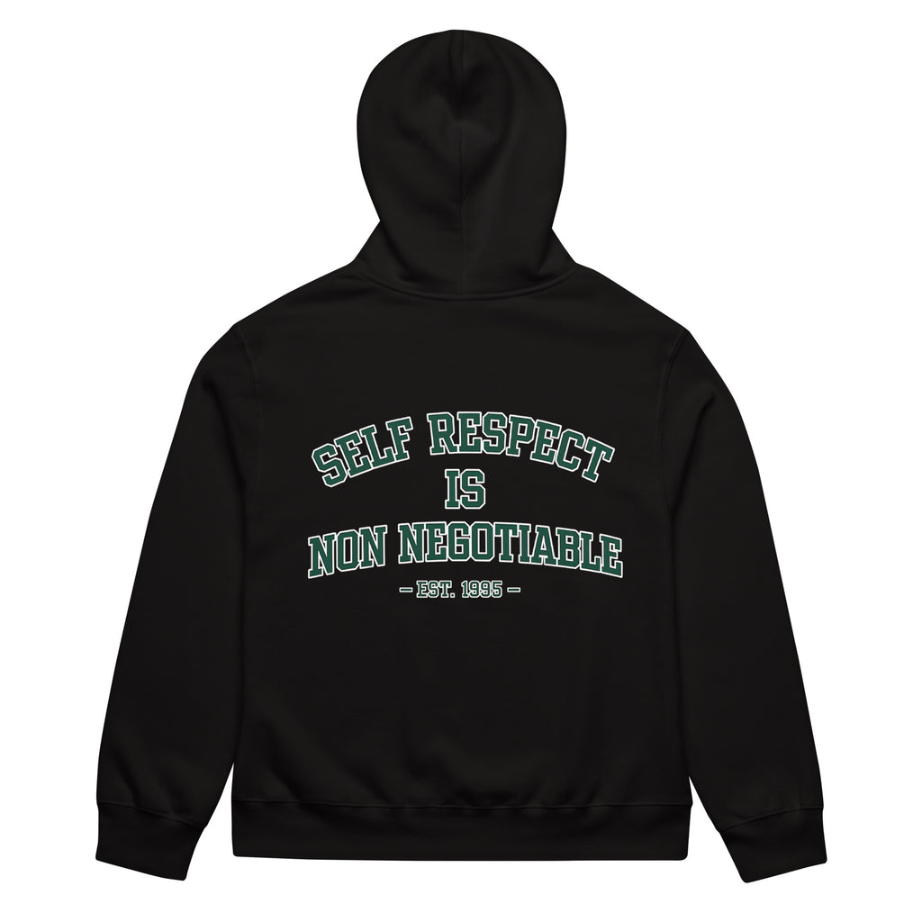 unisex streetwear hoodie back view with self respect is non negotiable quote print
