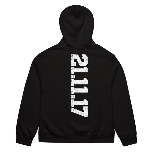 unisex hoodie back view with vertical “21.11.17” streetwear graphic print