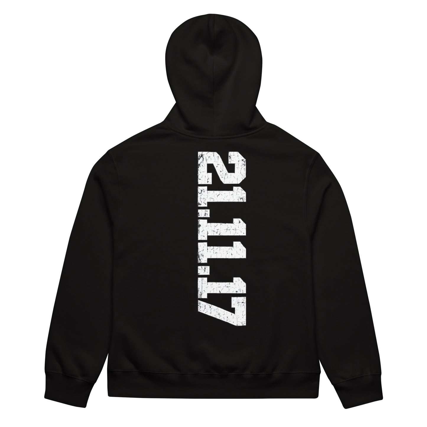 unisex hoodie back view with vertical “21.11.17” streetwear graphic print