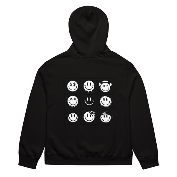 black unisex hoodie back view with smiley face grid pattern graphic print
