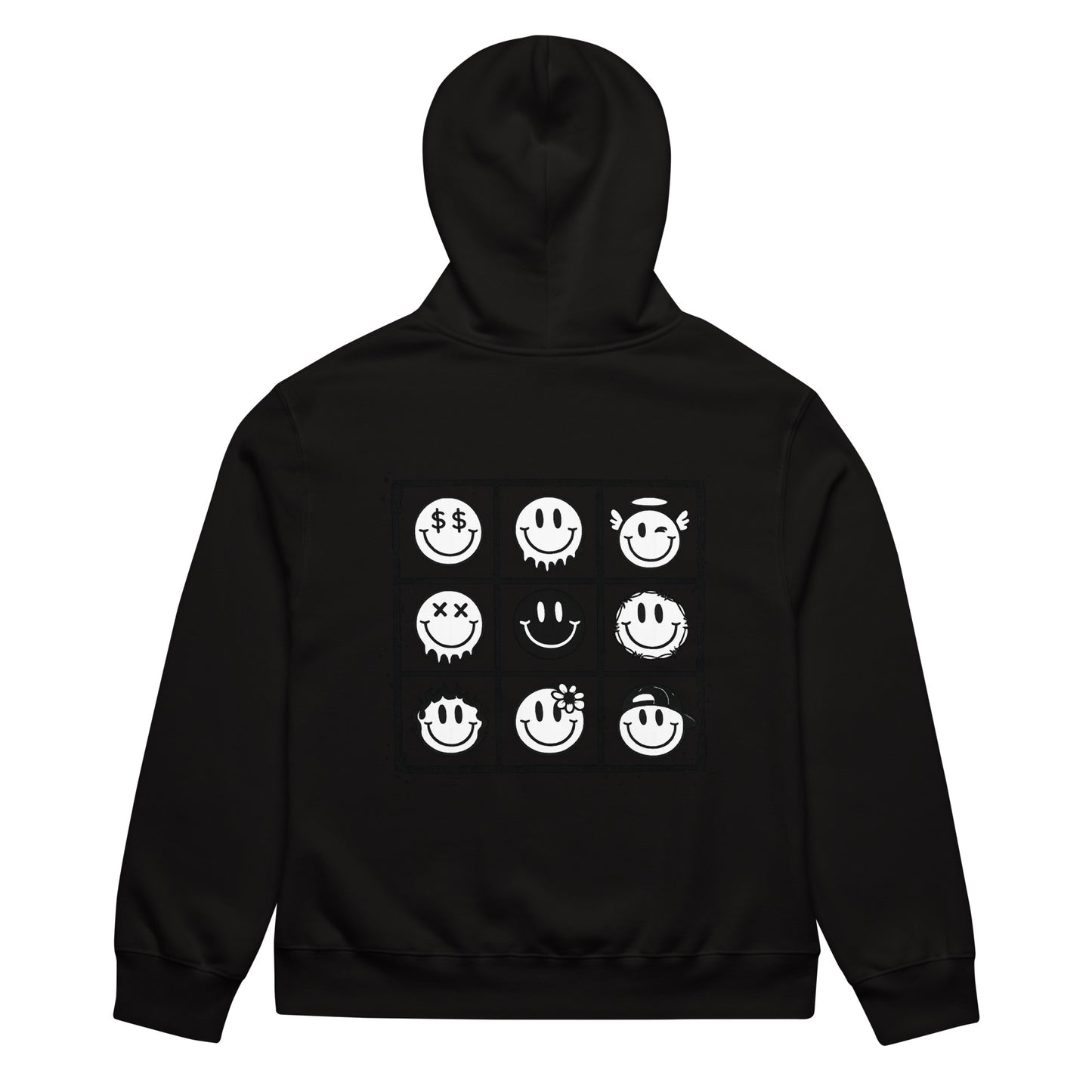black unisex hoodie back view with smiley face grid pattern graphic print
