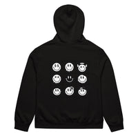 black unisex hoodie back view with smiley face grid pattern graphic print
