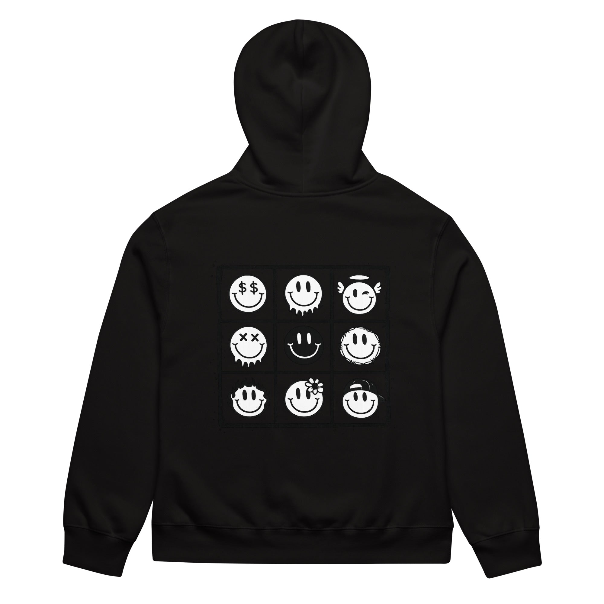 black unisex hoodie back view with smiley face grid pattern graphic print
