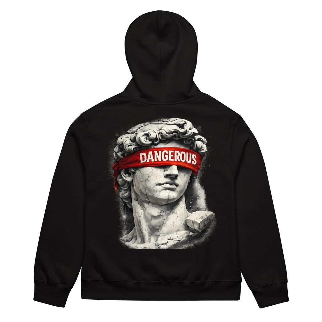 Black oversized hoodie back view with classical statue head graphic and red “DANGEROUS” streetwear print