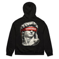 Black oversized hoodie back view with classical statue head graphic and red “DANGEROUS” streetwear print