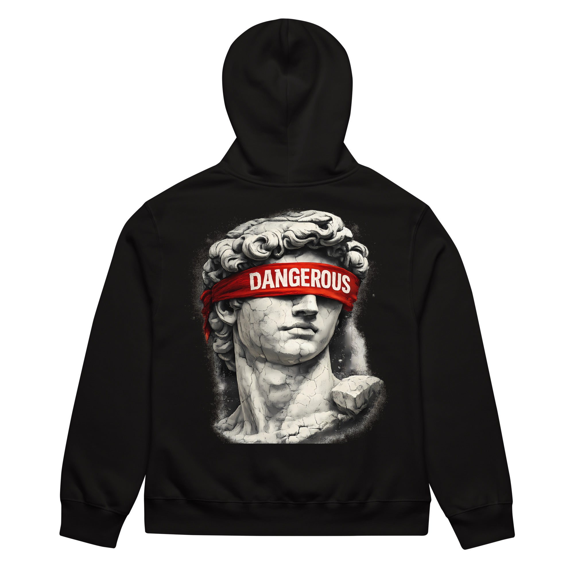 Black oversized hoodie back view with classical statue head graphic and red “DANGEROUS” streetwear print